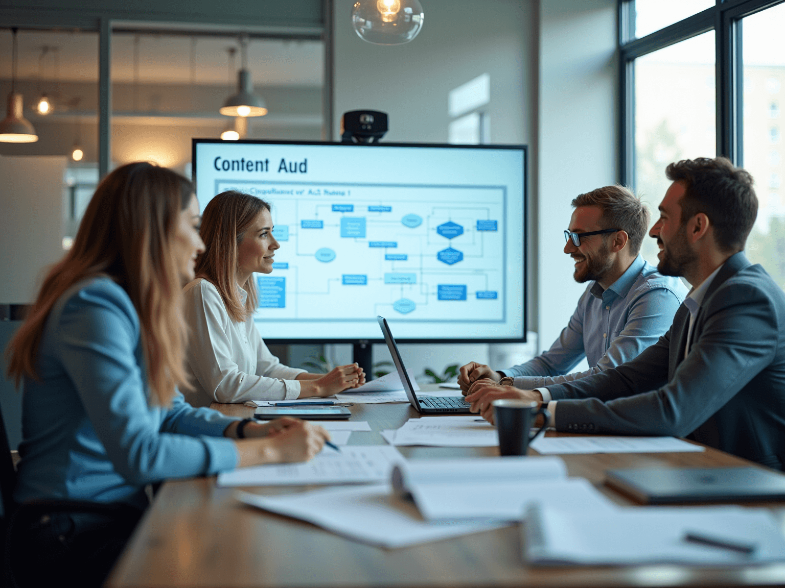 Team in a meeting room discussing a content audit flowchart on a wall screen