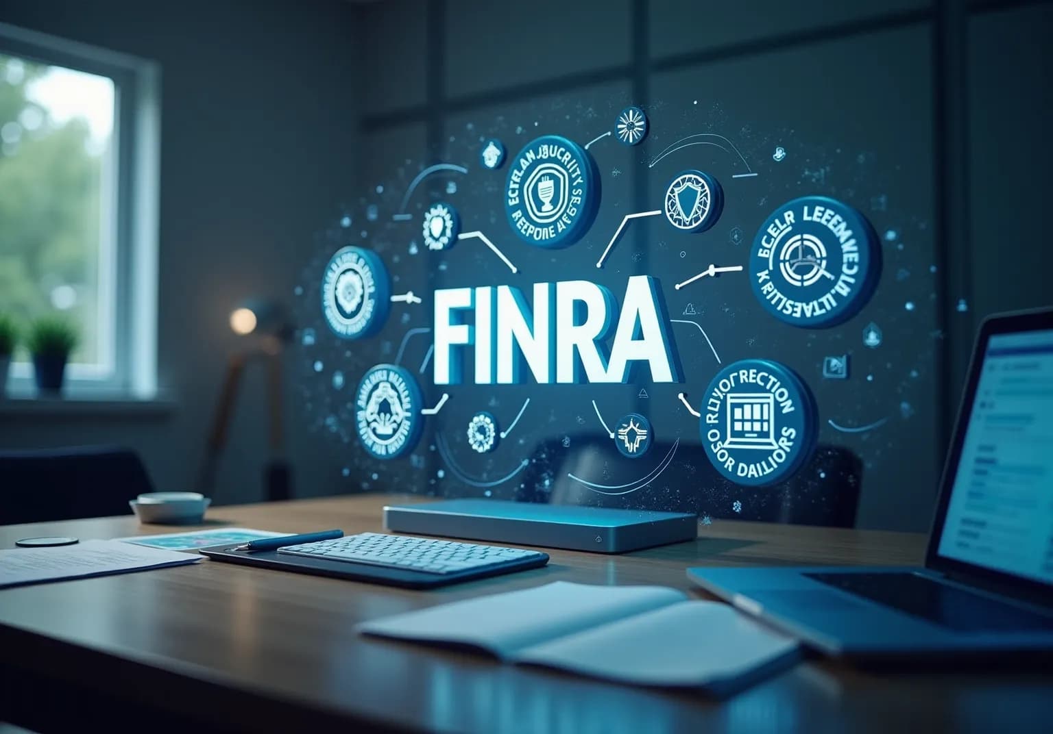 FINRA lettering, glowing and surrounded by icon badges, above a desk with a laptop