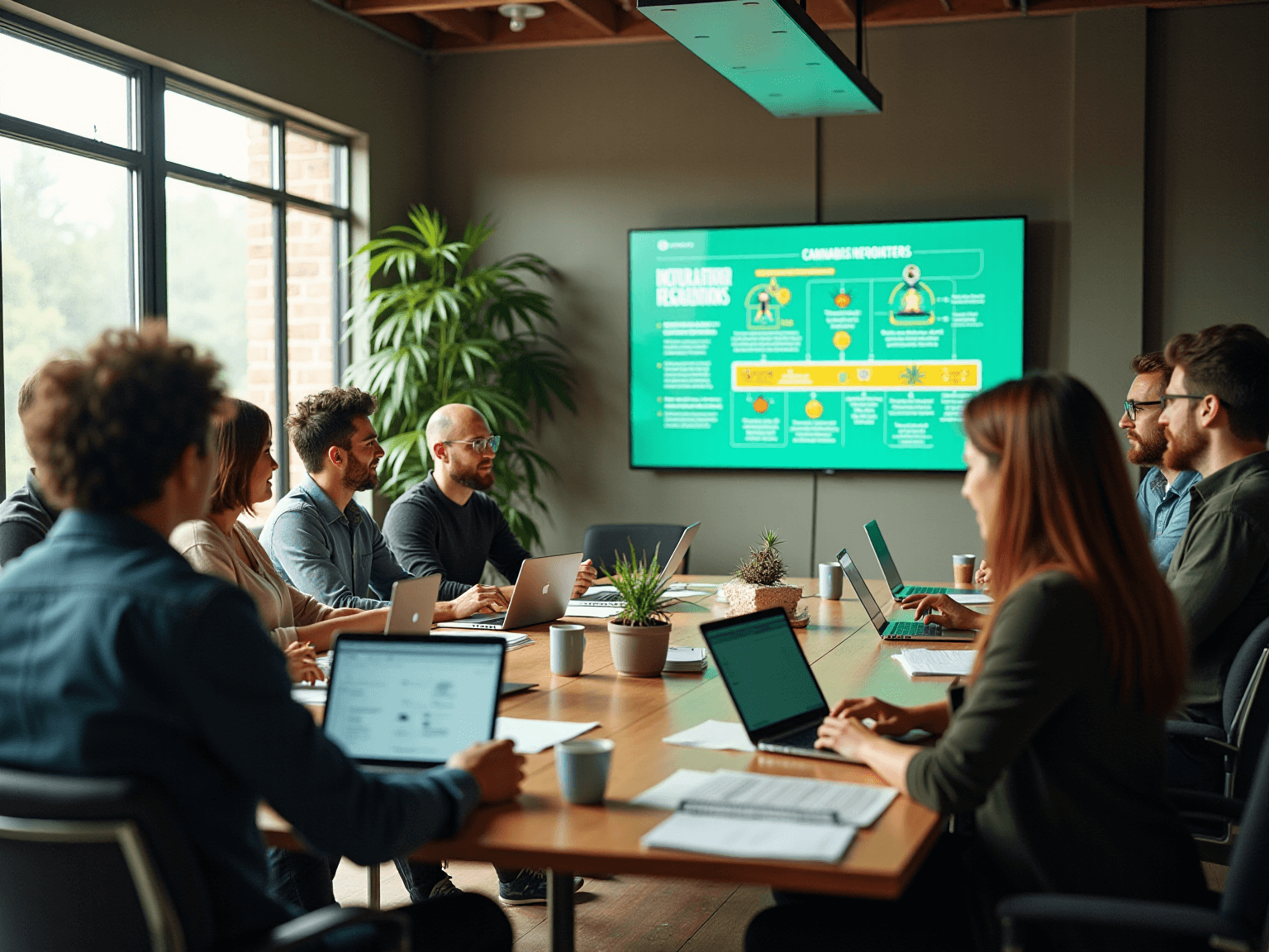 Team in a meeting room watching a green wall screen with a process diagram
