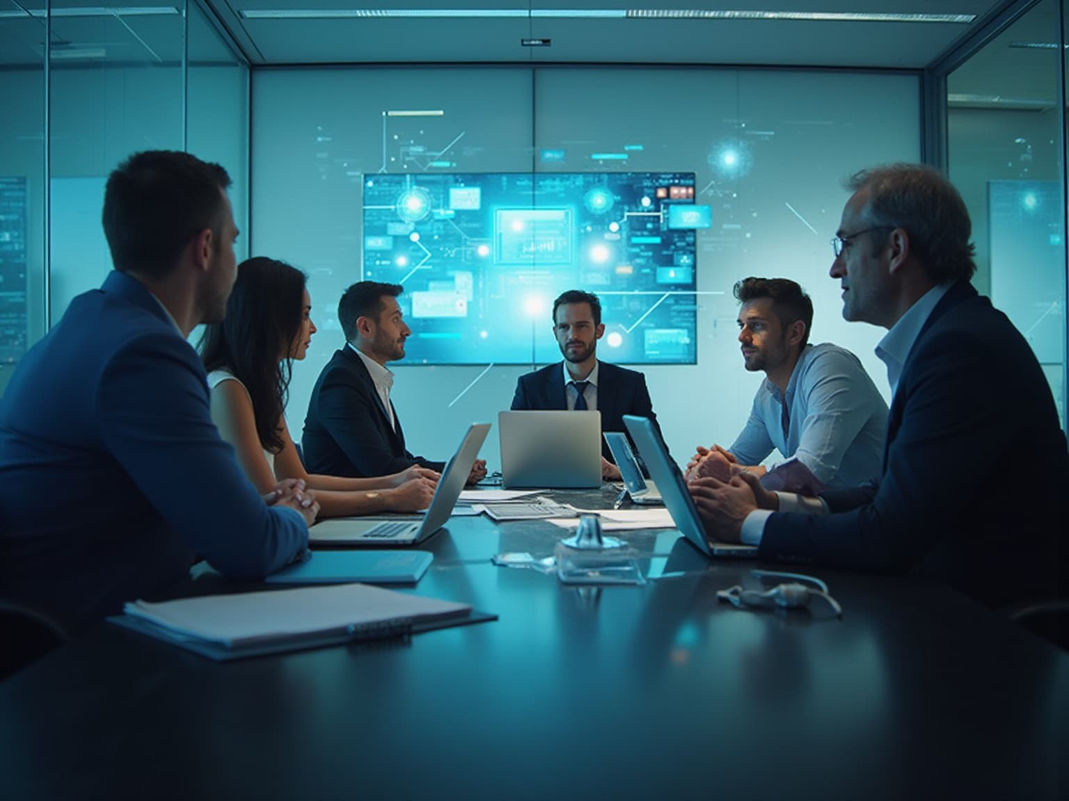 Executives at a dark boardroom table, a wall screen behind them showing network graphics