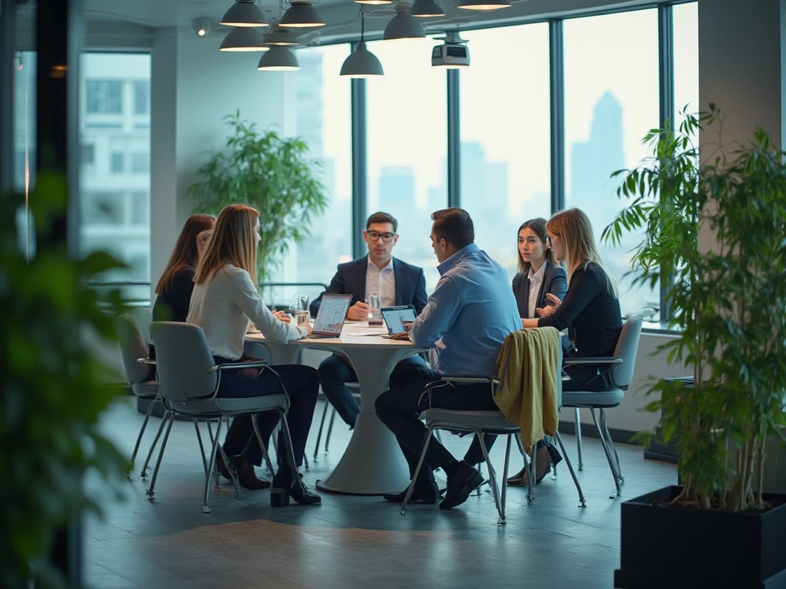 Team around a round table covered with printed pie and bar charts