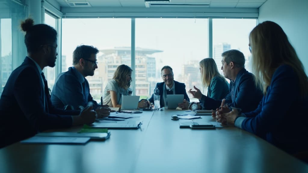 Executives in a glass boardroom, with a wall screen of bar and line charts