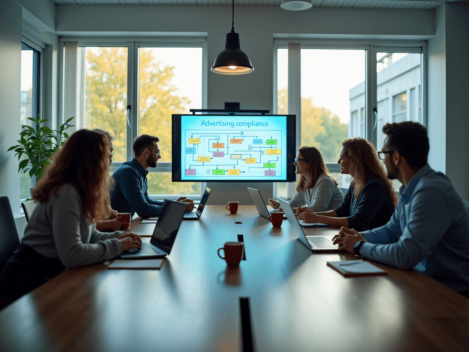 Team in a meeting room looking at a wall screen titled Advertising compliance, with a flowchart