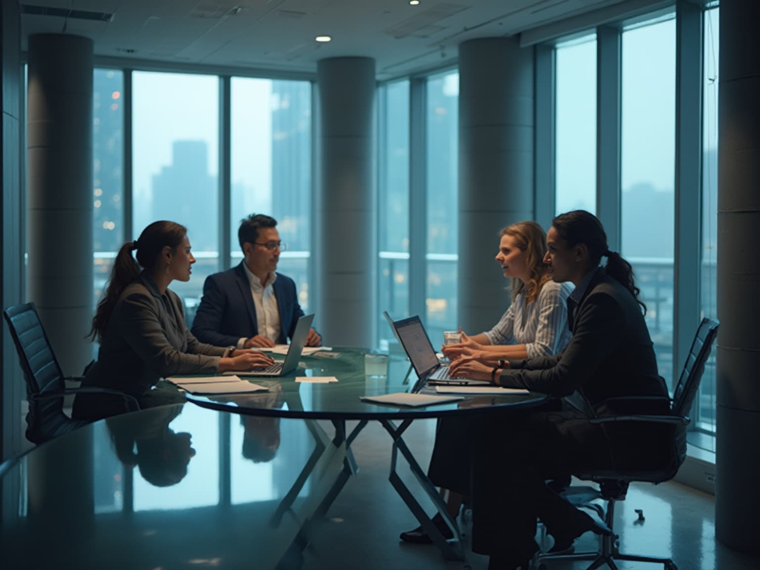 Professionals at a glass conference table in a dim office, with a city view behind