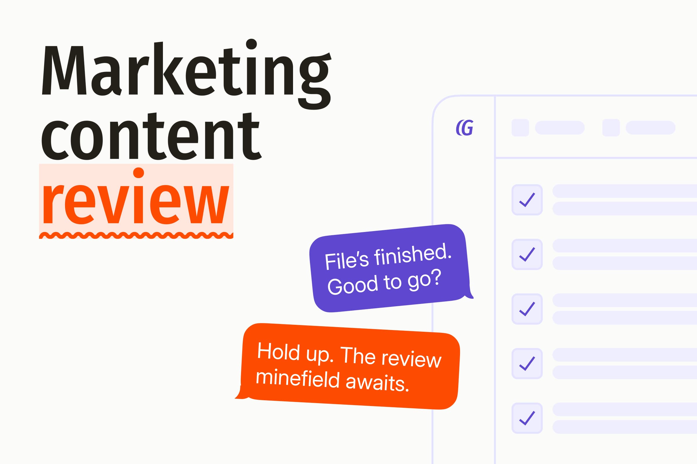 Two chat bubbles, one asking if a file is good to go, beside a review checklist