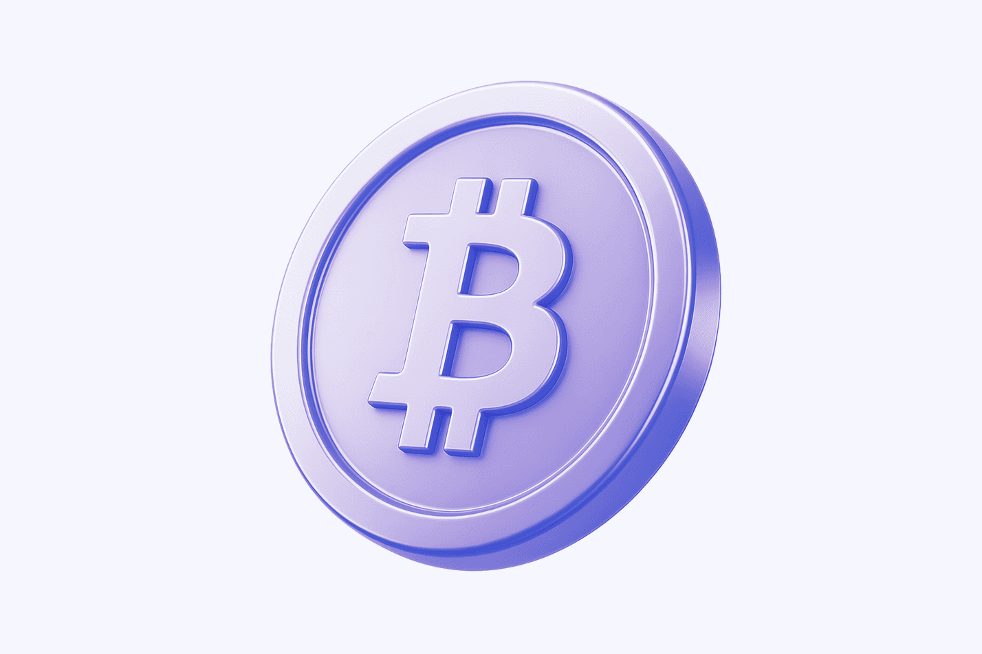 Purple 3D Bitcoin coin on a pale background