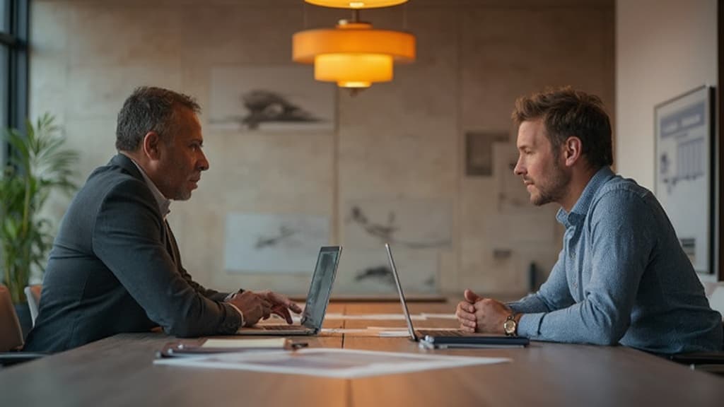 Two men facing each other across a wooden table with laptops, in a warm-lit office