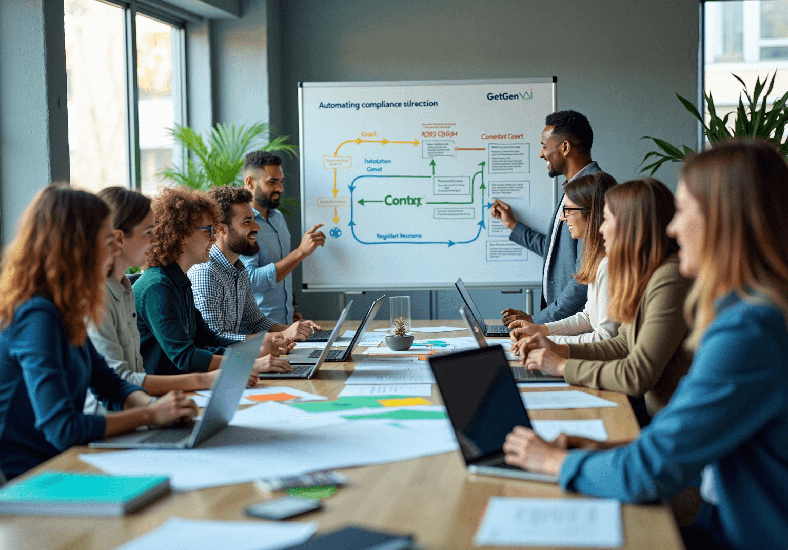 Team around a table as a presenter explains a whiteboard flow diagram of automated compliance