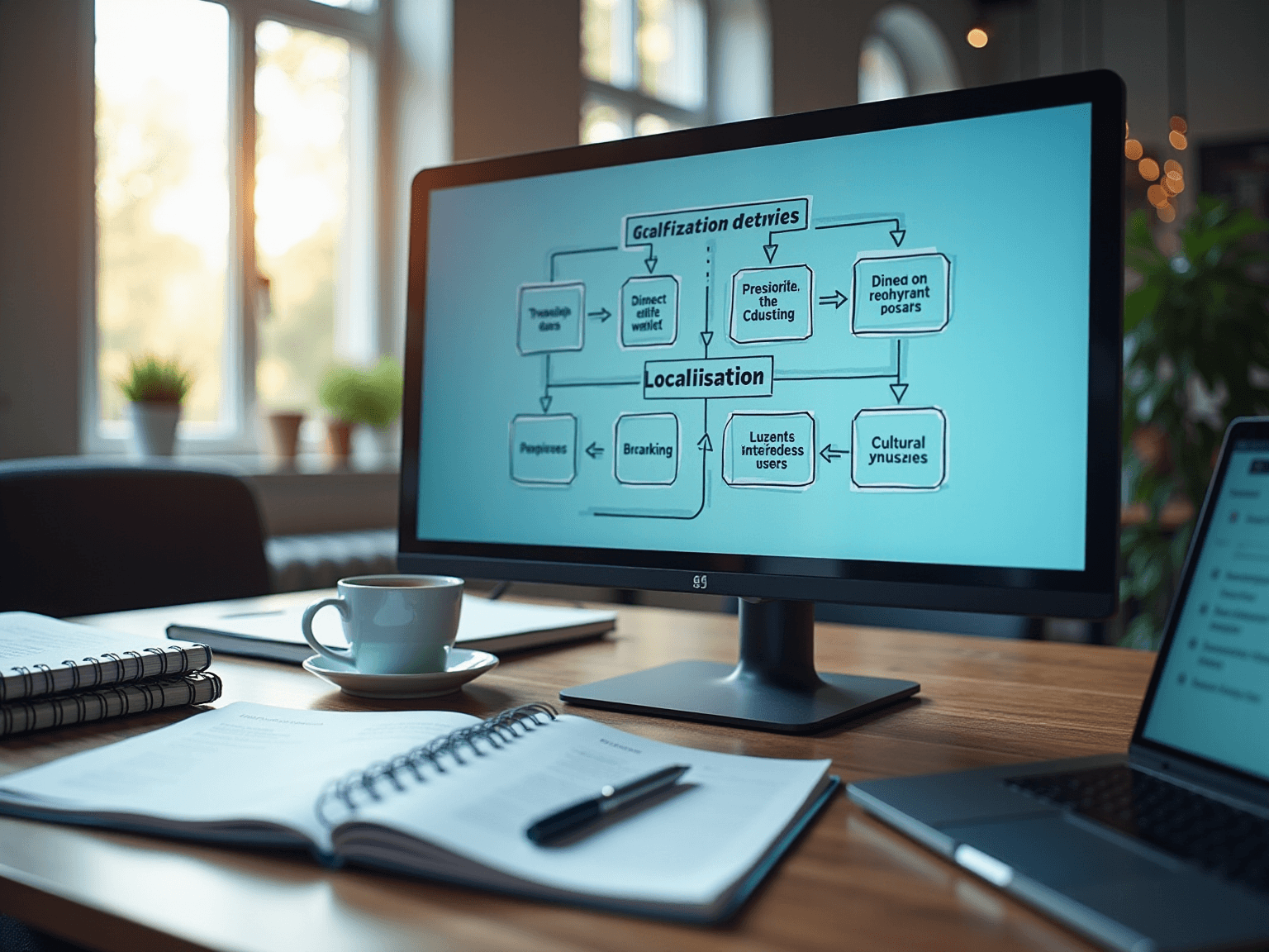 Monitor showing a localization flowchart with boxes for cultural nuance, beside notebooks and a coffee cup