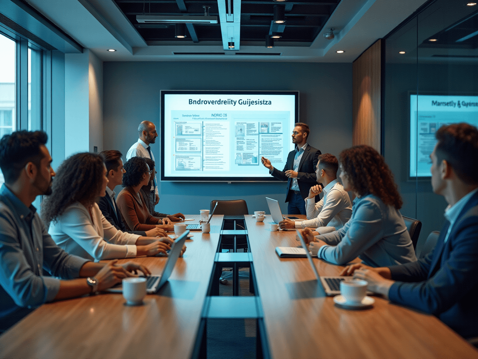 Team in a boardroom watching a presenter at a wall screen showing a compliance review slide