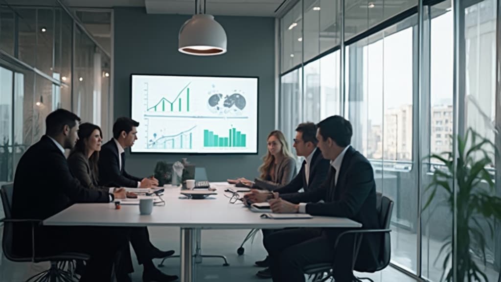 Team in a boardroom with city windows, two people speaking across the long table