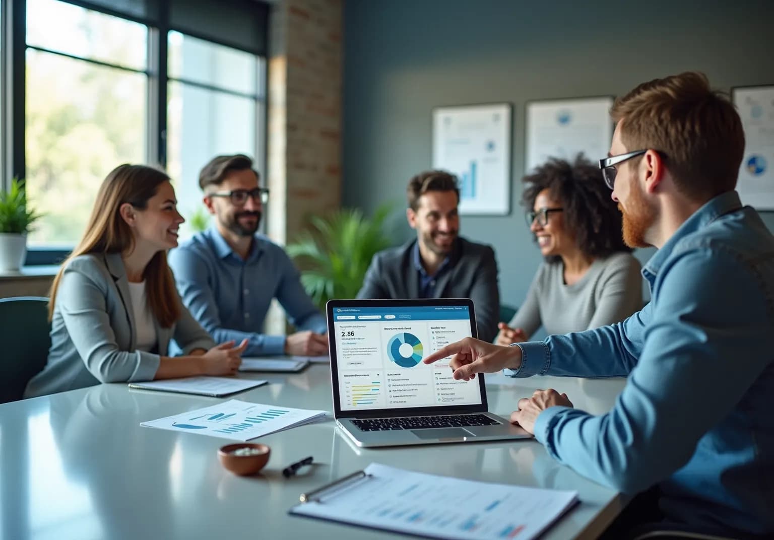 Laptop on a boardroom table showing bar and pie charts, with colleagues talking behind it
