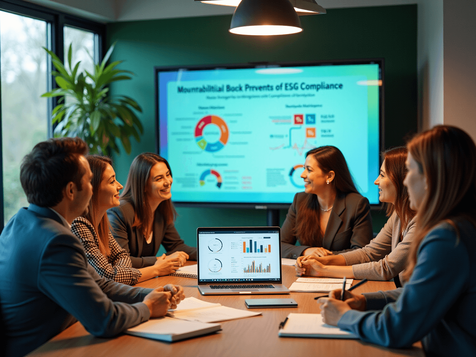 Team in a boardroom watching a wall screen of an ESG compliance infographic
