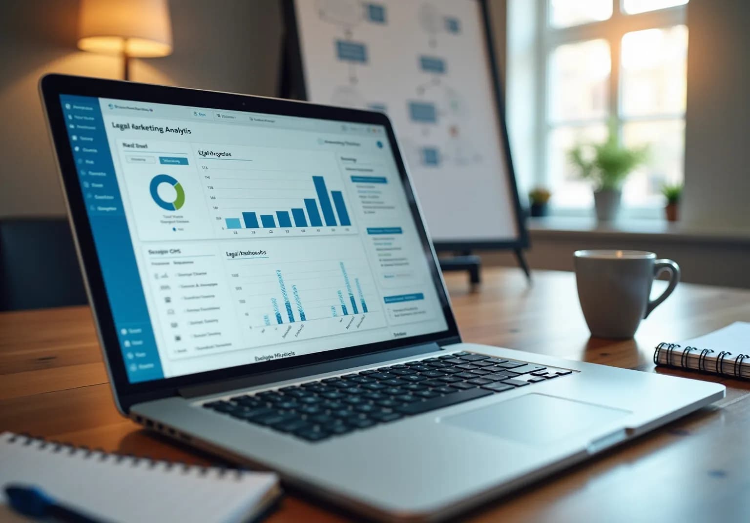 Laptop showing a legal marketing analysis dashboard with charts beside a notebook