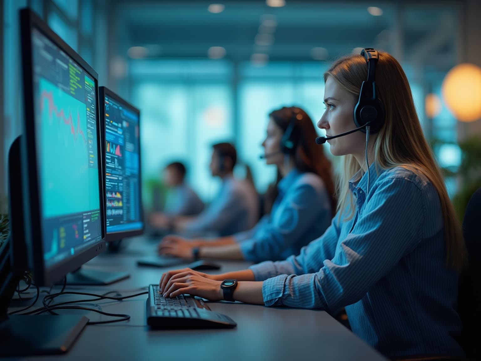 Call center agent in a headset at a desk, monitor showing a line chart and dashboard