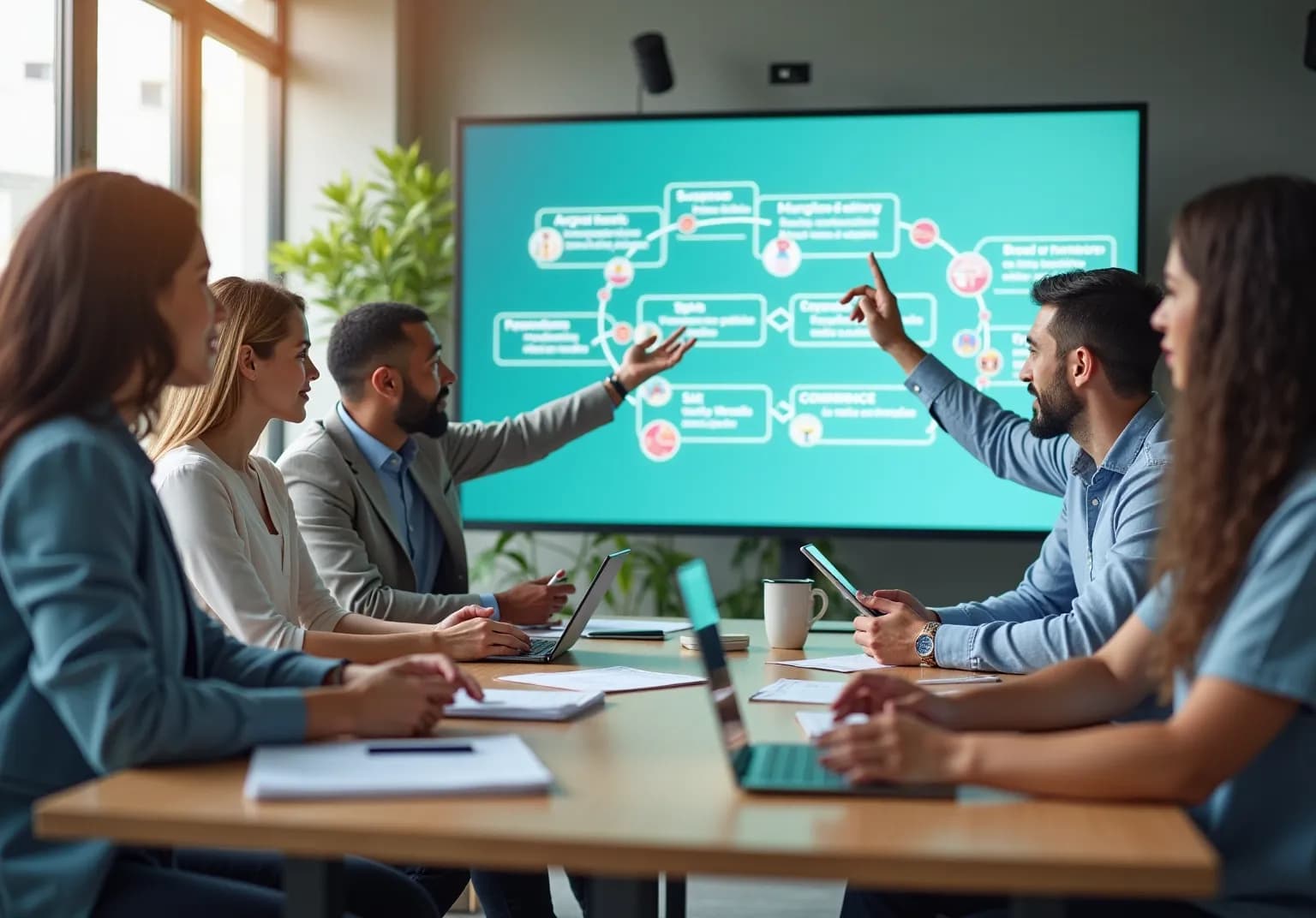 Team in a meeting room watching a wall screen with a connected process diagram