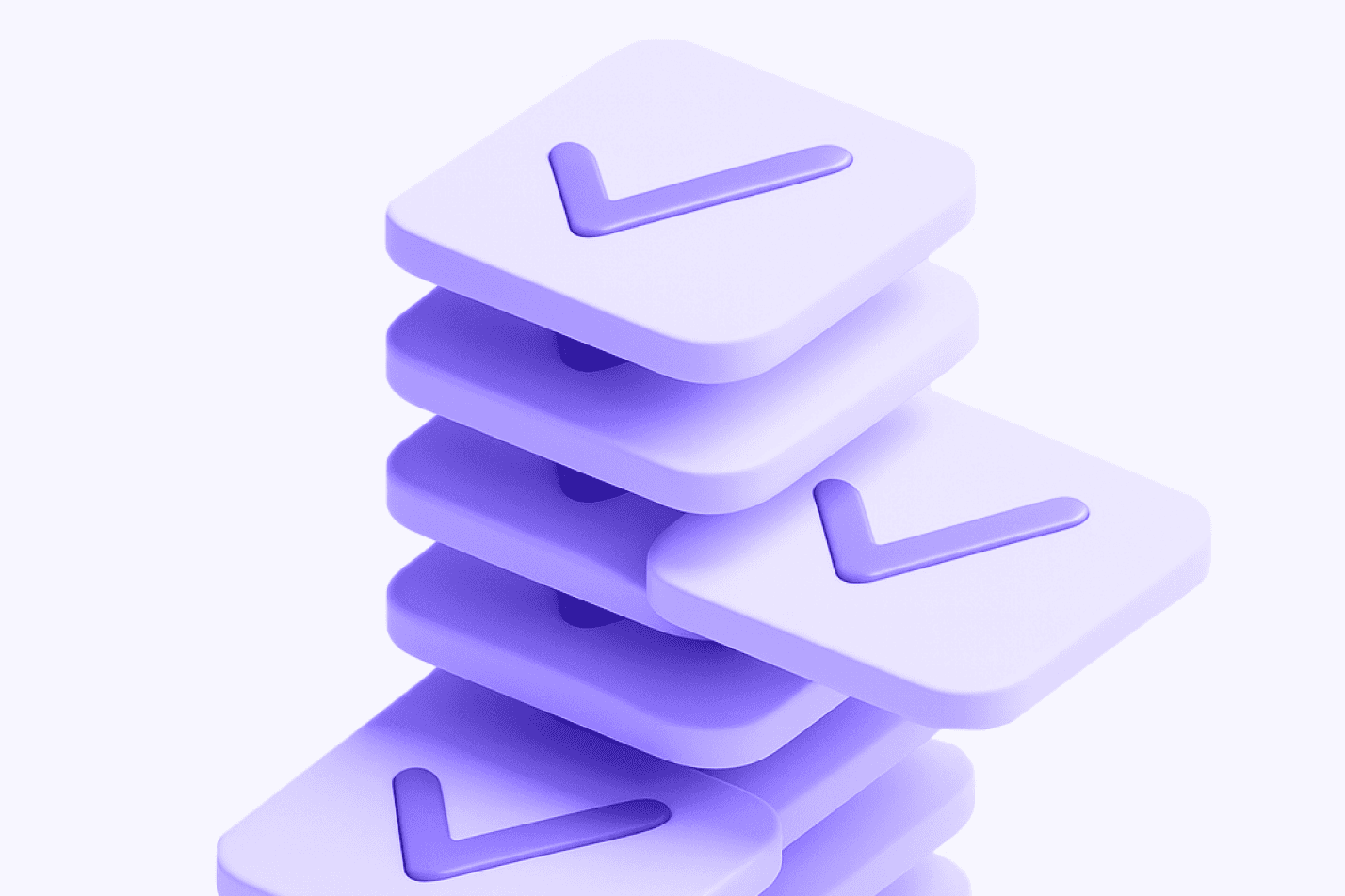 Stack of white tiles with purple checkmarks on a pale background