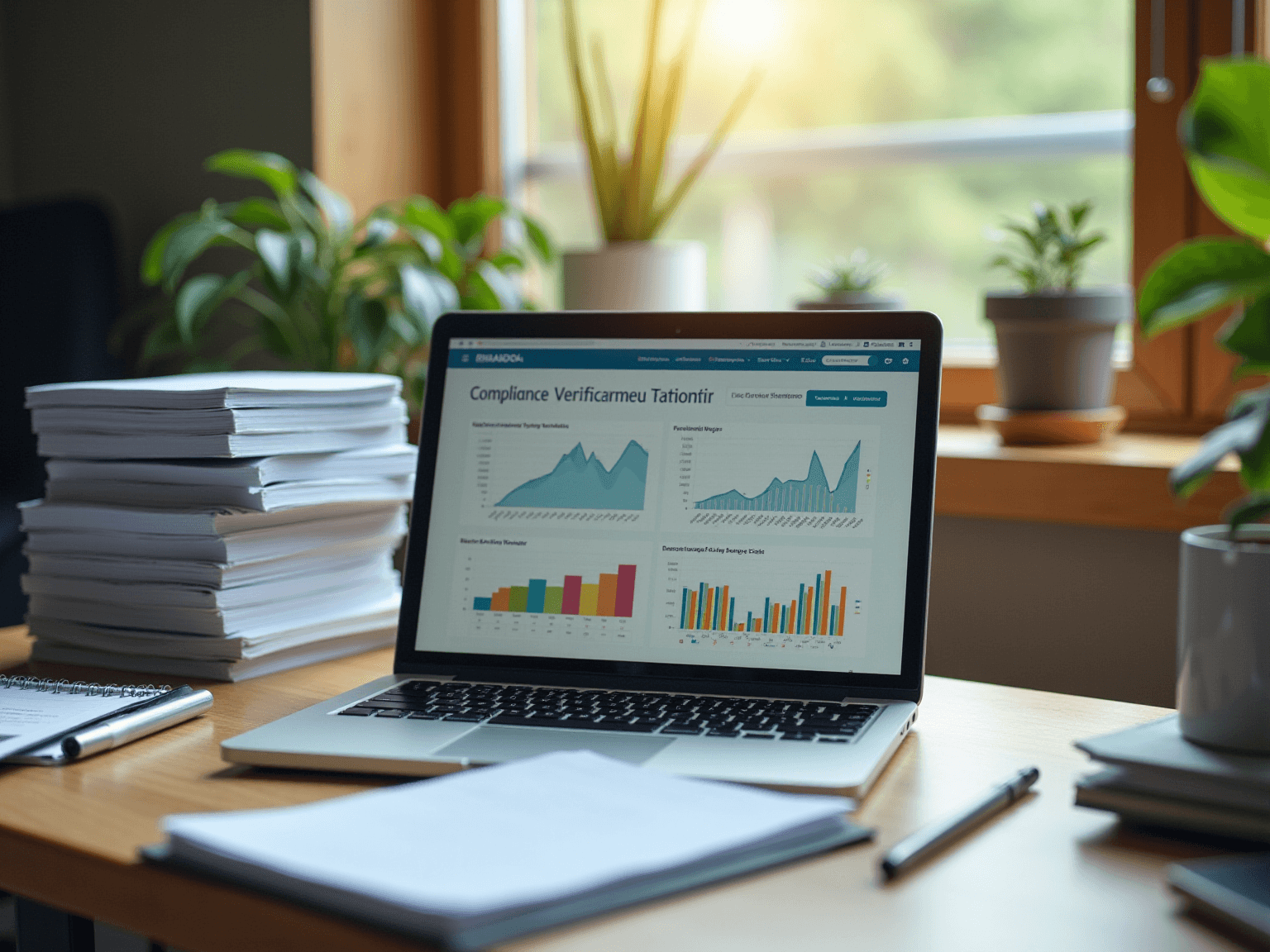 Laptop on a desk showing a compliance dashboard, beside stacks of paper and a plant