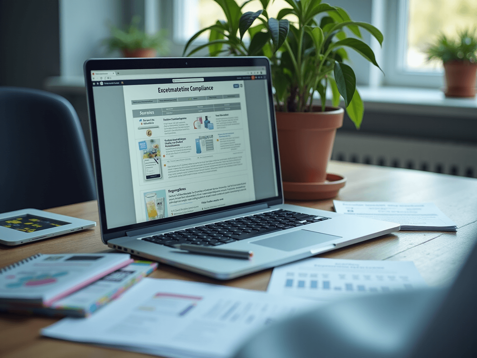 Laptop showing a compliance guide page on a desk beside a plant, notebook and printed sheets