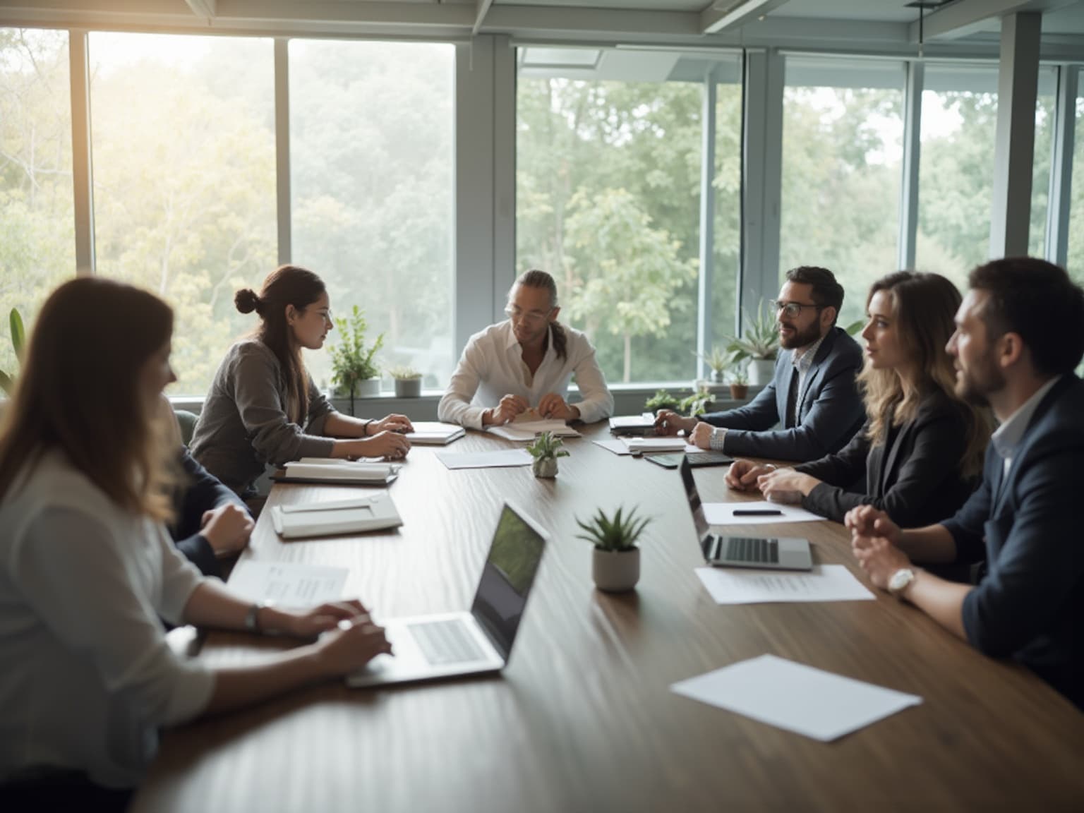 Team around a wooden boardroom table with laptops, plants and papers