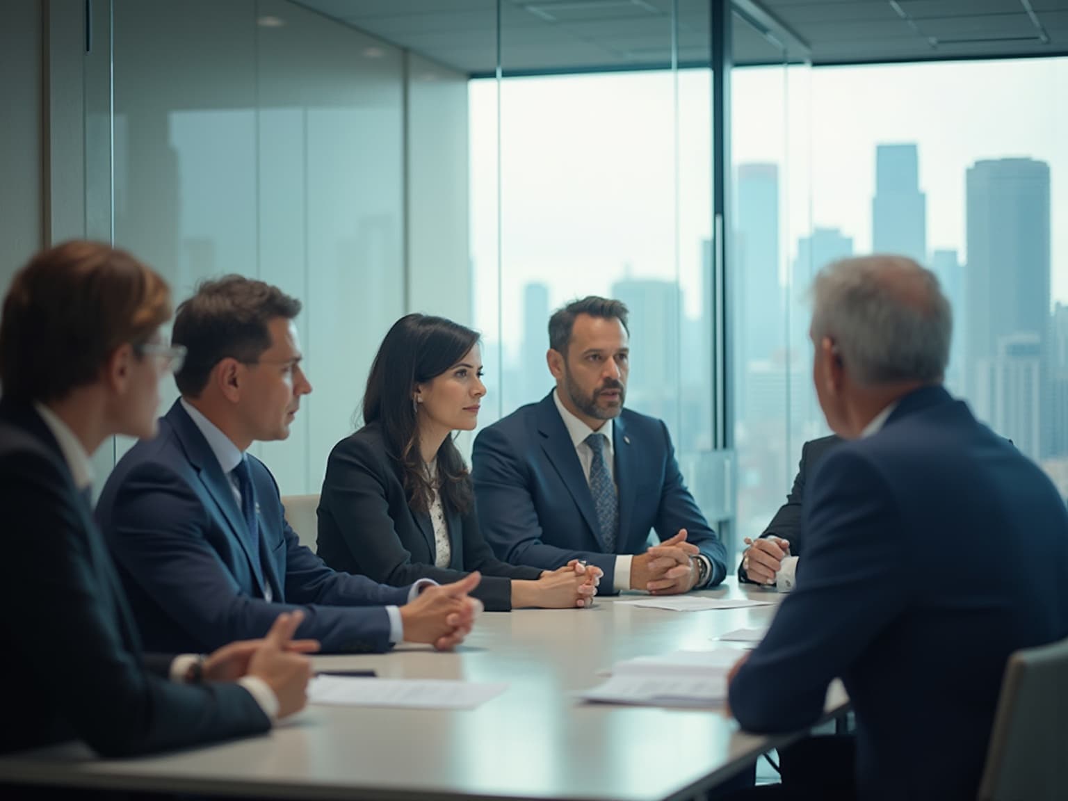 Five colleagues in a glass-walled boardroom discussing, with a city skyline outside