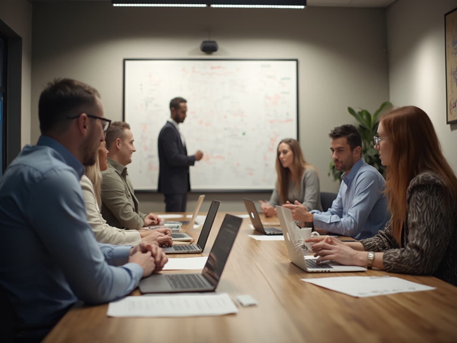 Team around a conference table with laptops while a presenter stands at a whiteboard