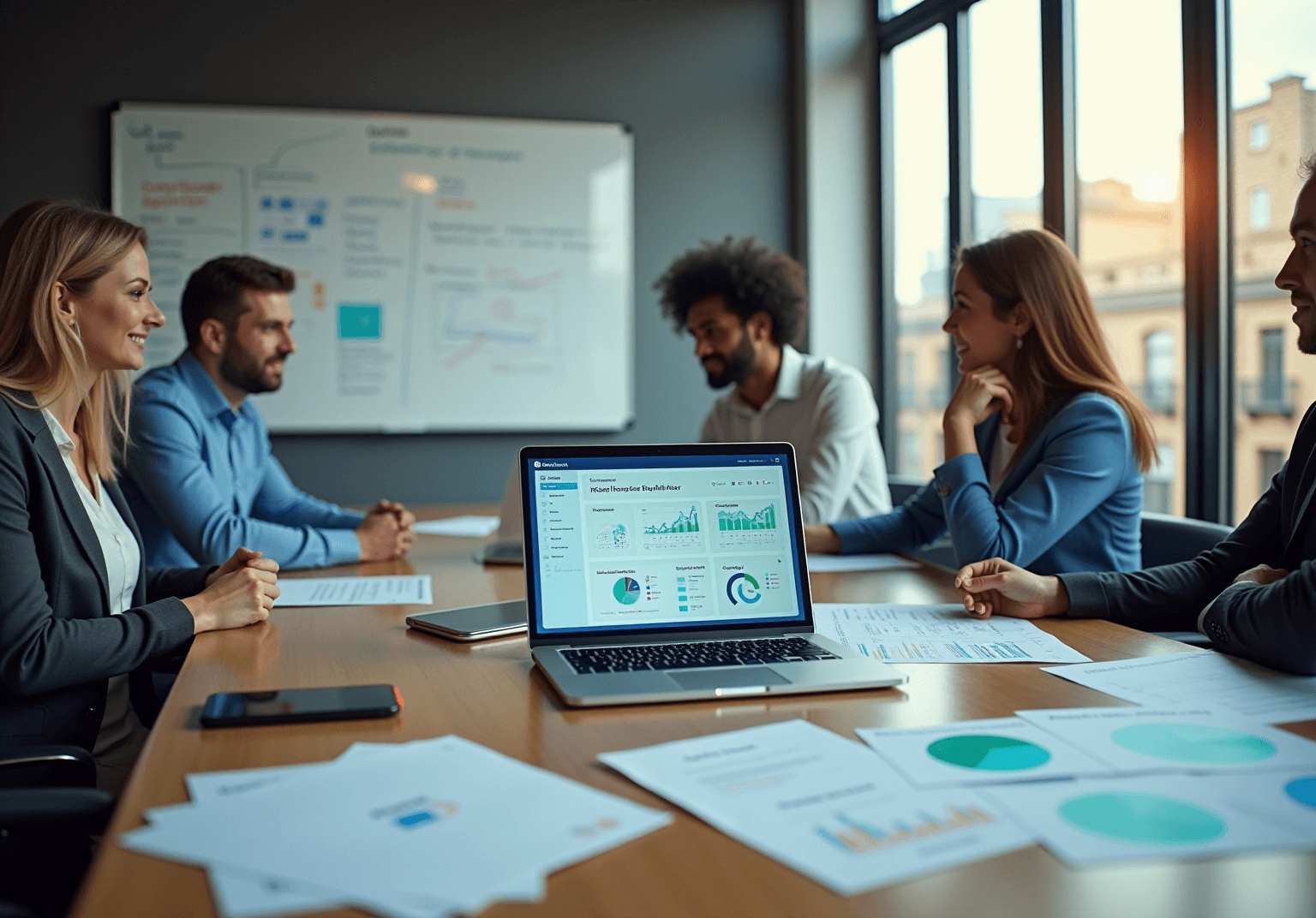 Team reviewing a laptop dashboard and pie-chart printouts beside a whiteboard of diagrams