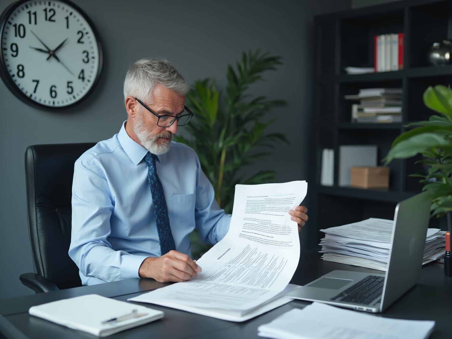 Man reviewing a printed document at a desk beside a wall clock and a laptop