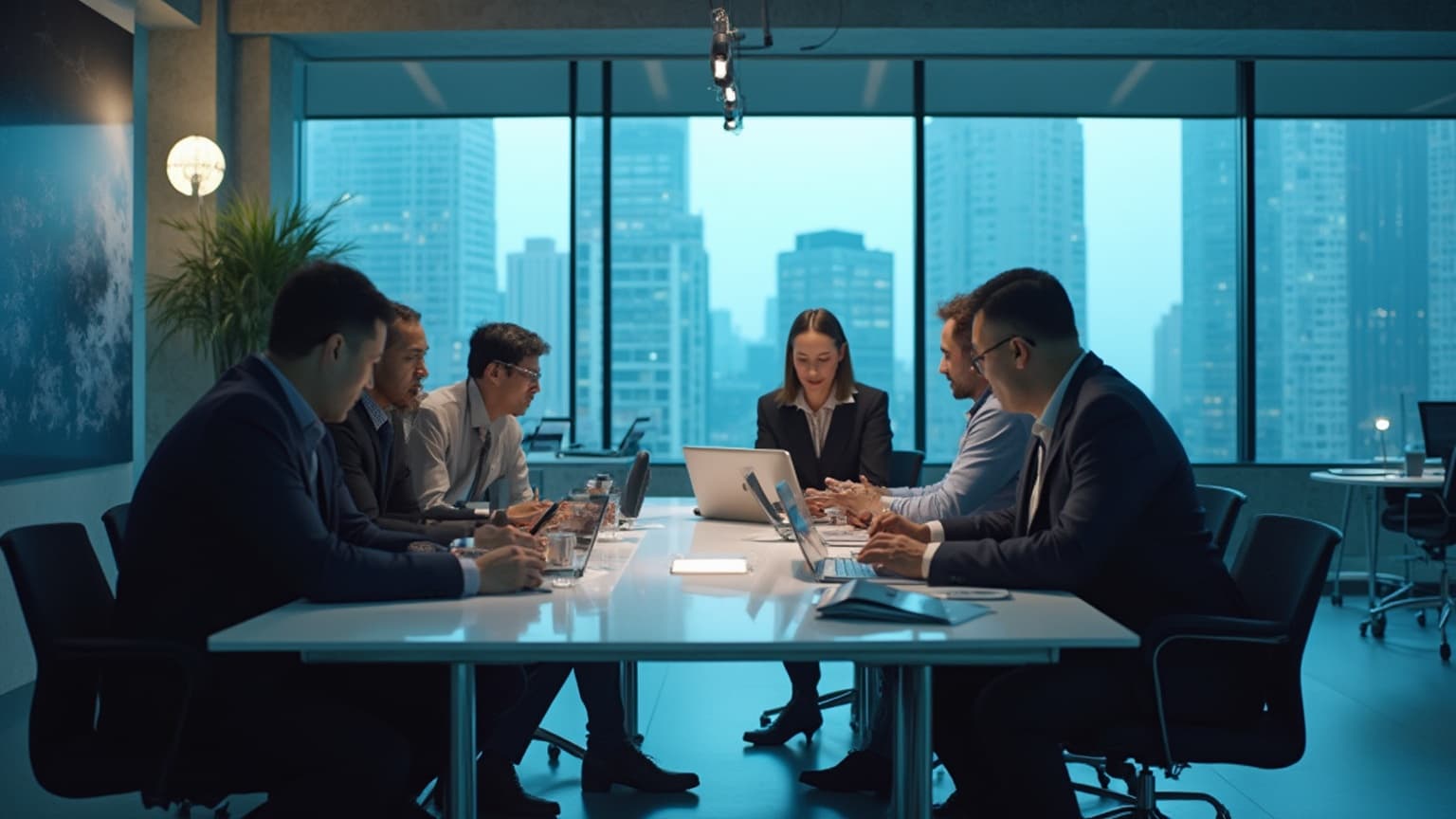 Team at a dark glass conference table with laptops, in a city-view office