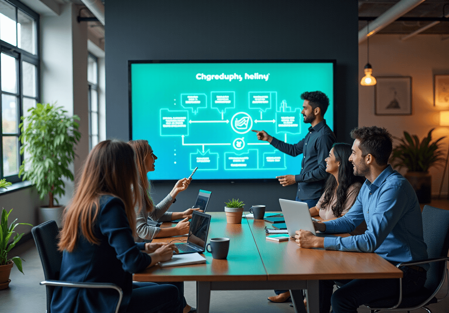 Presenter pointing at a wall screen of a teal process diagram, with a team at a table