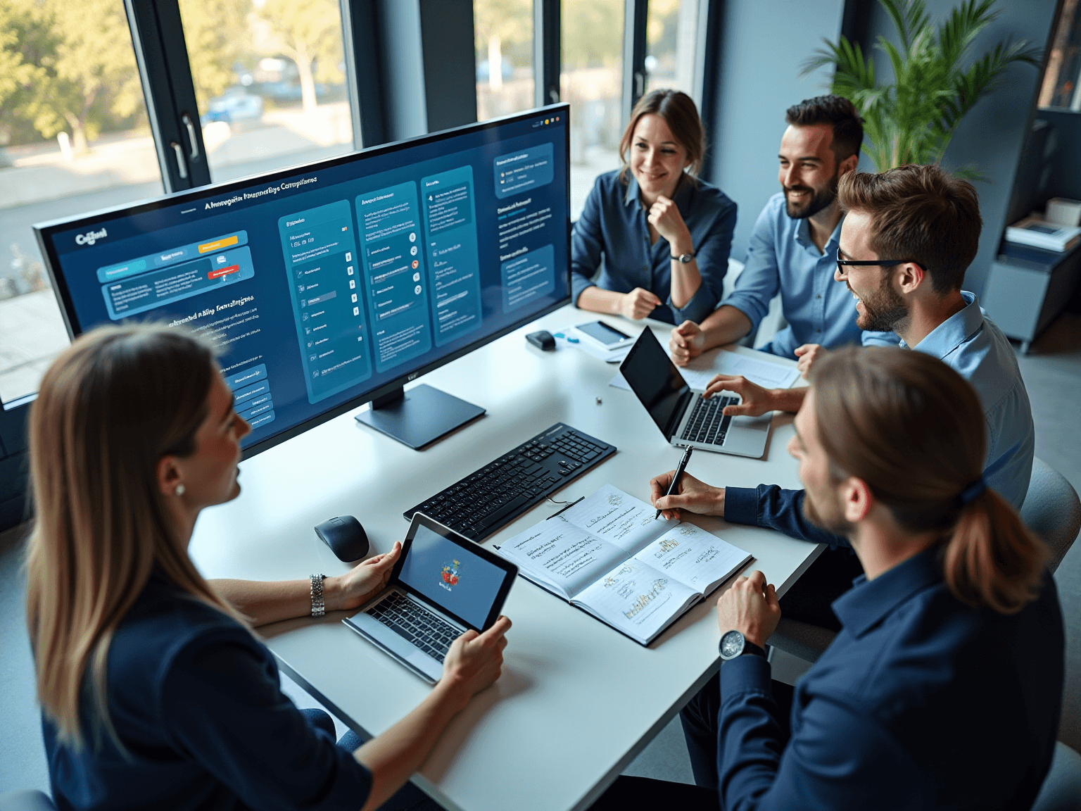 Team at a round table with a wall monitor showing a compliance dashboard and laptops in front