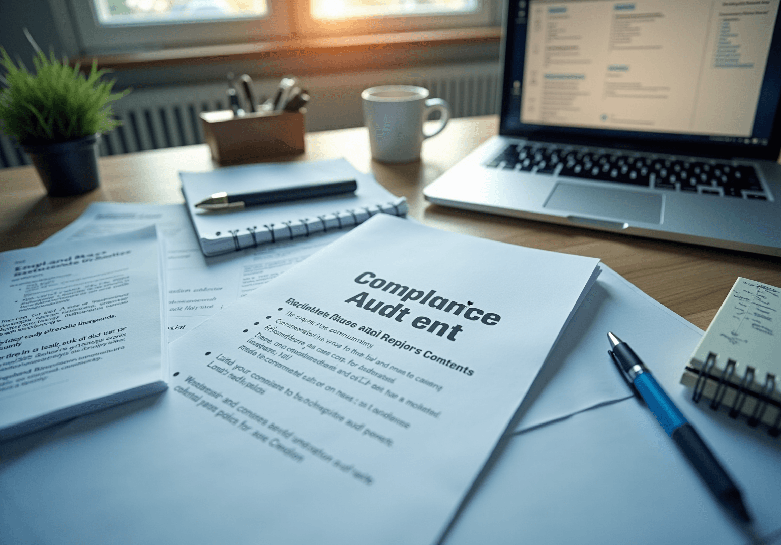 Printed compliance audit checklist on a desk beside a laptop, notebook and pen