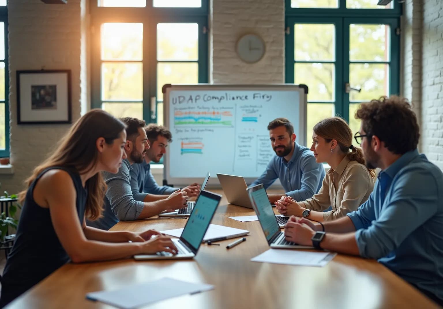 Team around laptops in a meeting room, with a whiteboard labeled UDAAP Compliance behind them