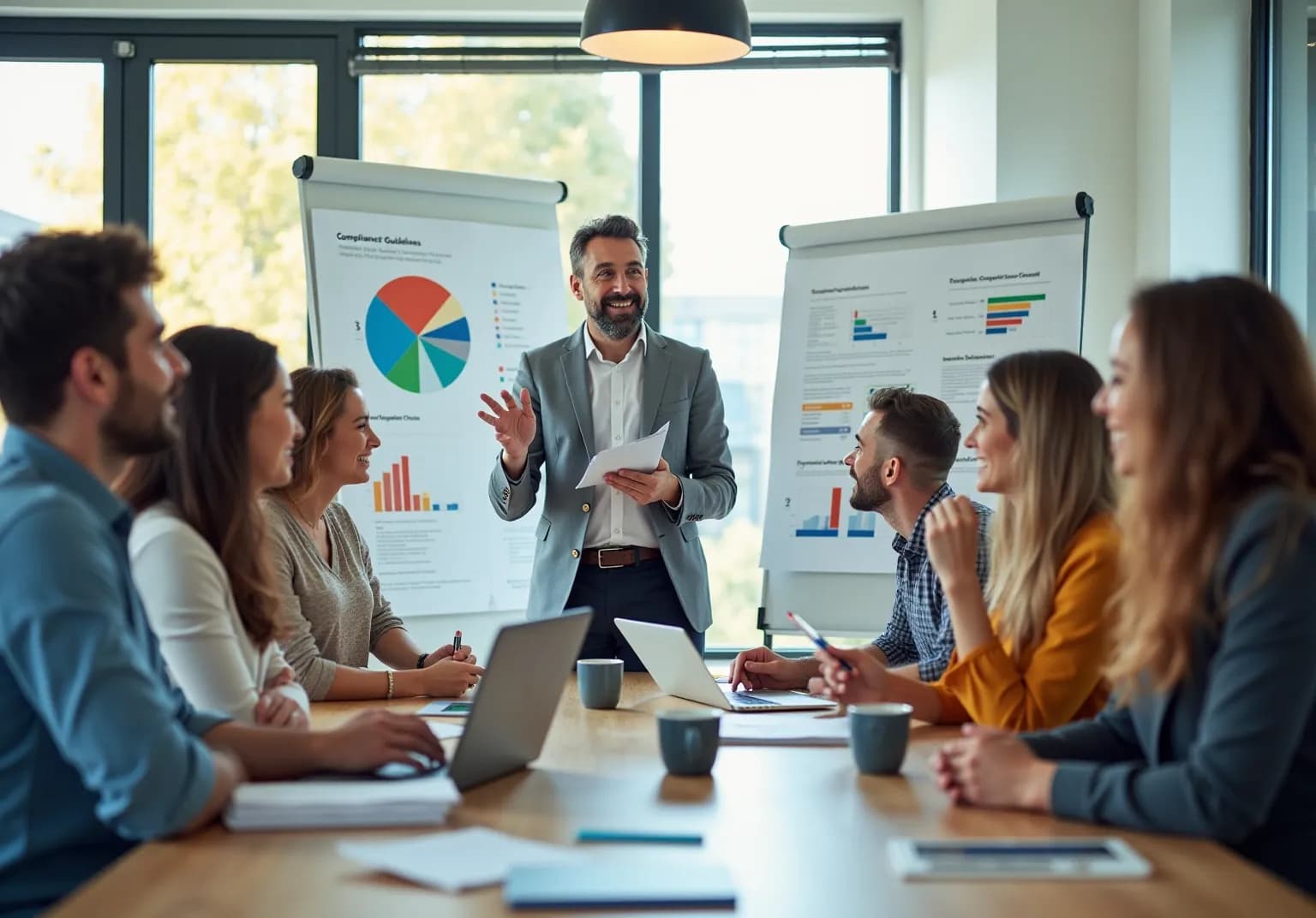 Presenter at a flip chart of compliance guidelines and charts, with a seated team