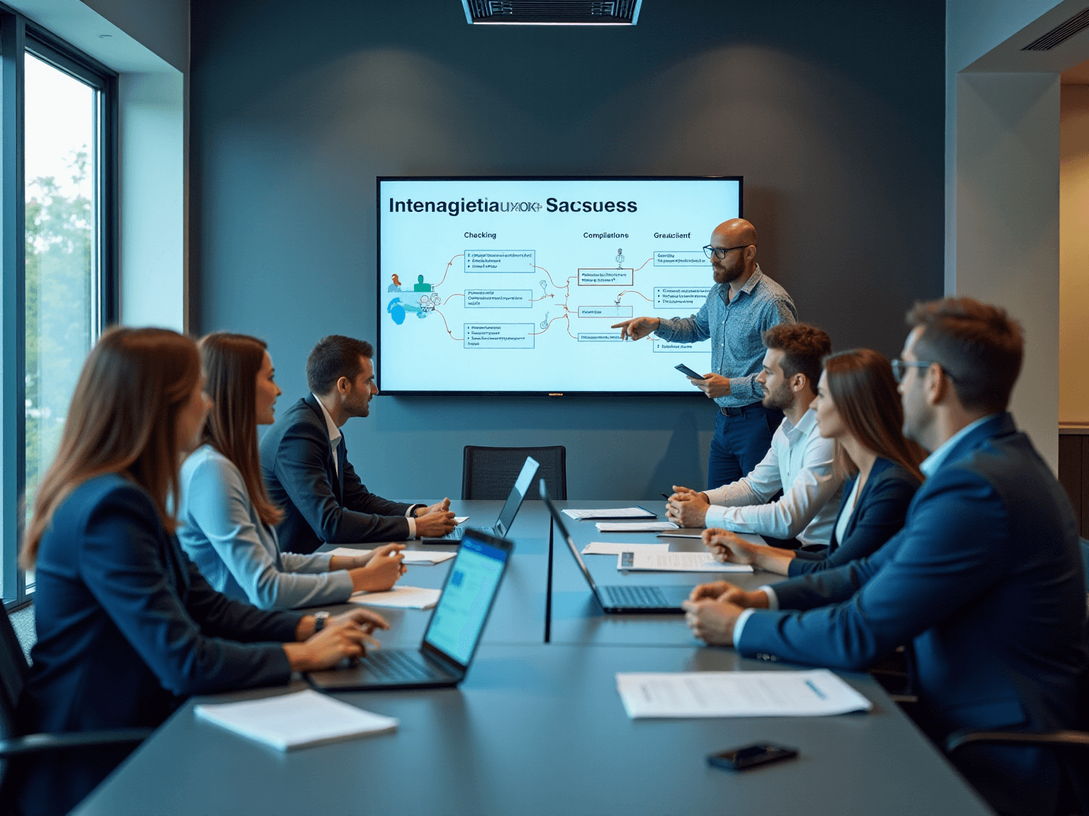 Team in a boardroom reviewing a flowchart on a wall screen, with a presenter pointing at it