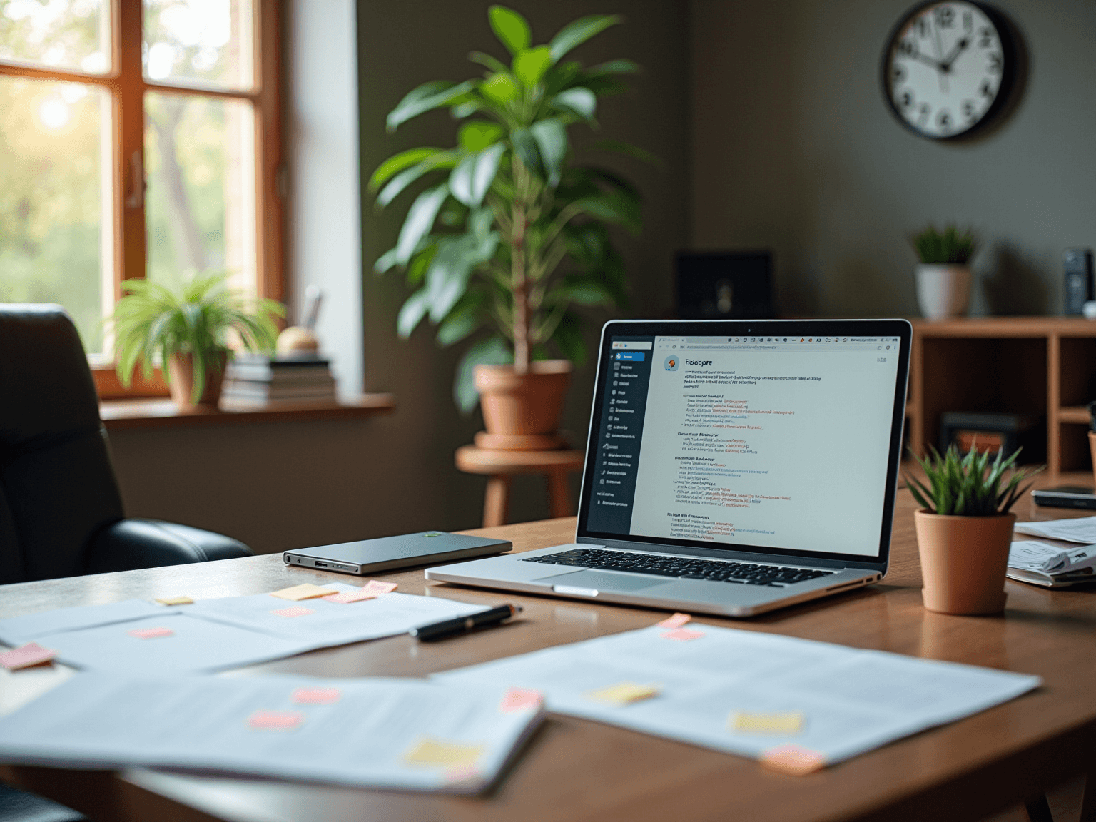 Laptop showing a document with redlined edits, surrounded by sticky notes on a wooden desk