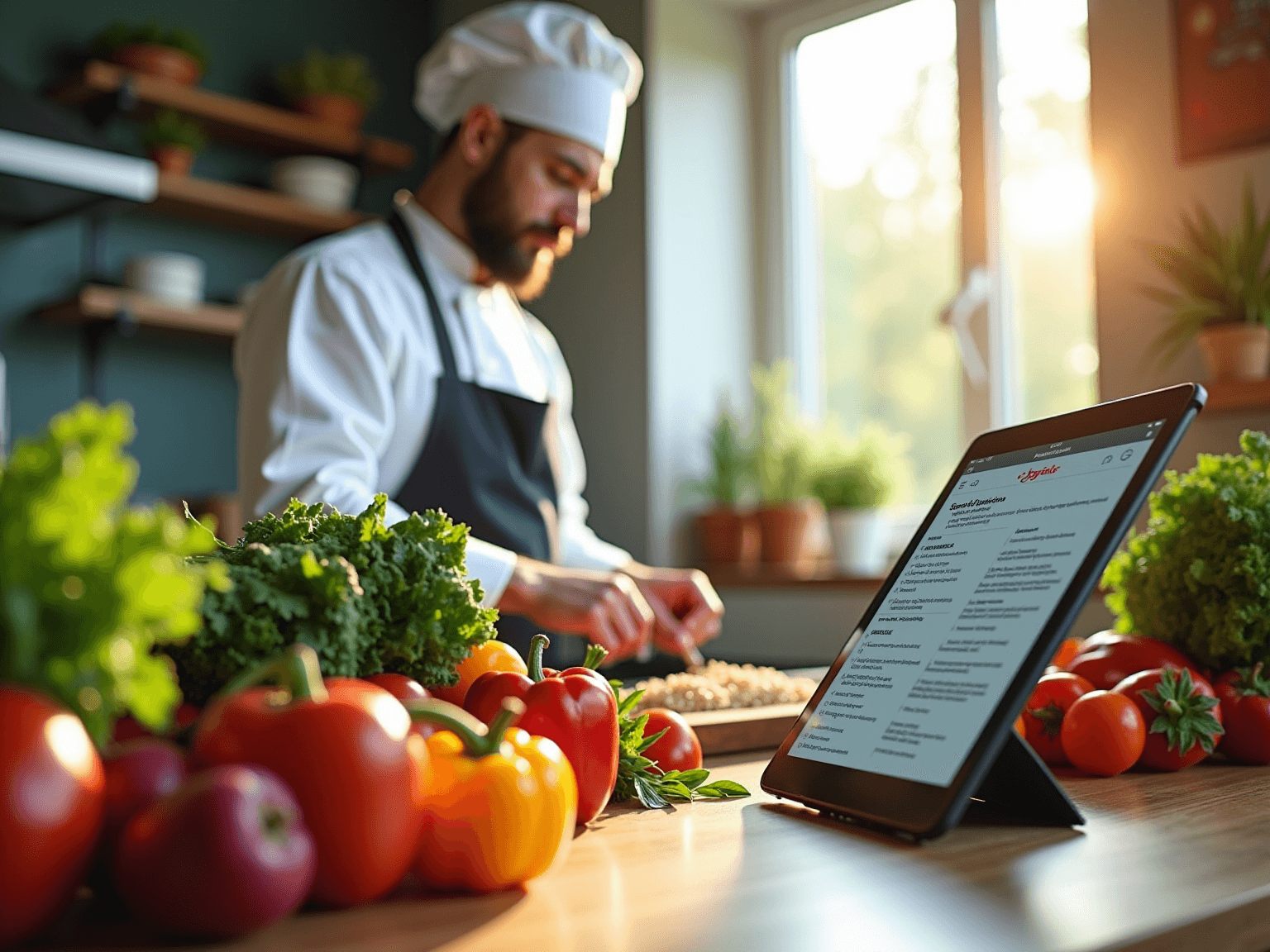 Chef preparing food beside a tablet with a text document, surrounded by fresh vegetables