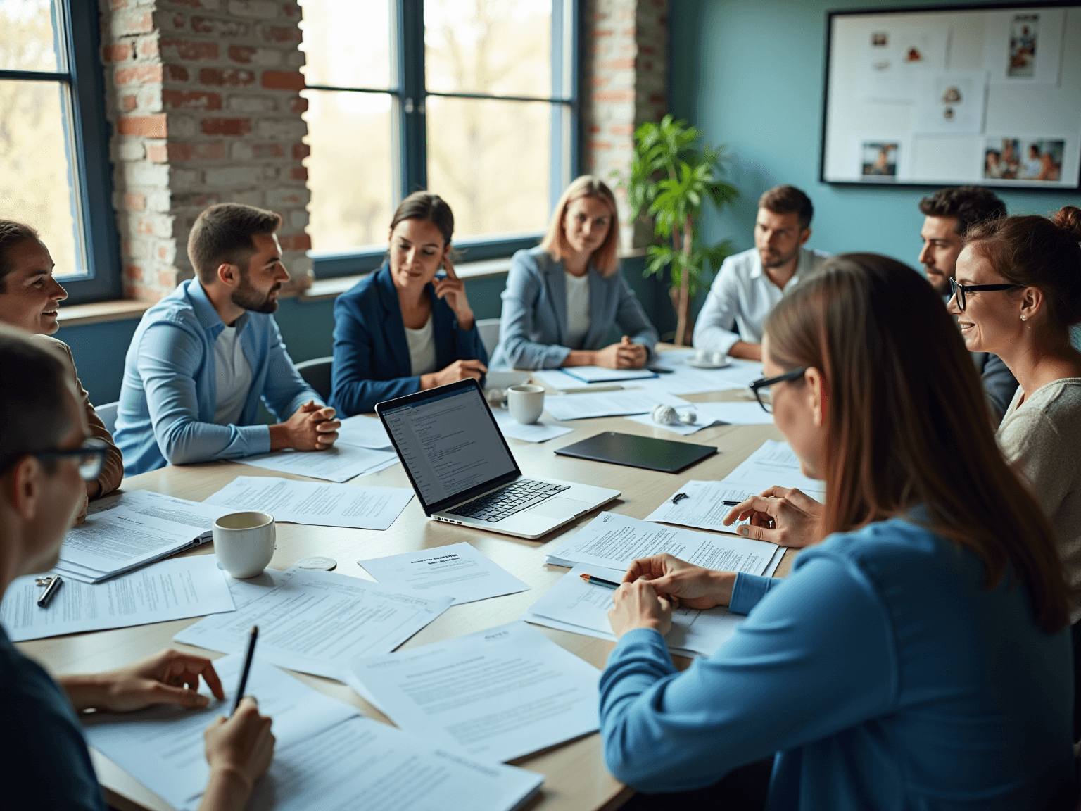 Team around a conference table with papers, a laptop and a whiteboard of photos behind them