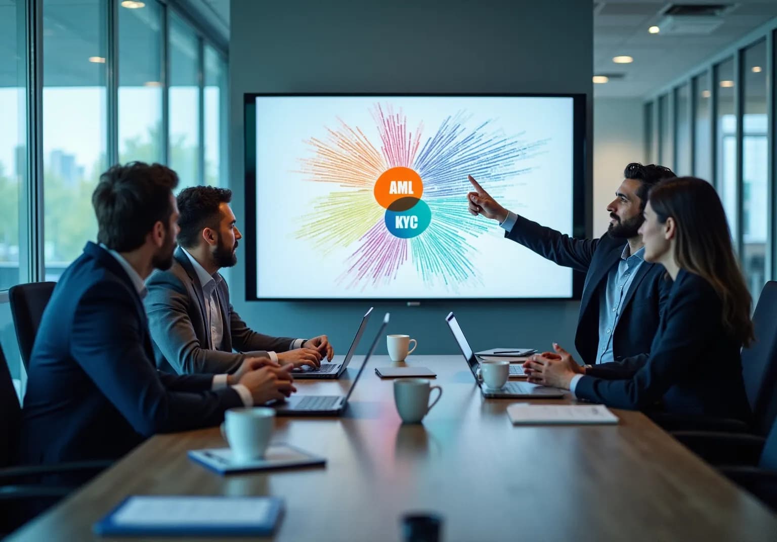 Executives in a boardroom, one pointing at a screen with AML and KYC labels