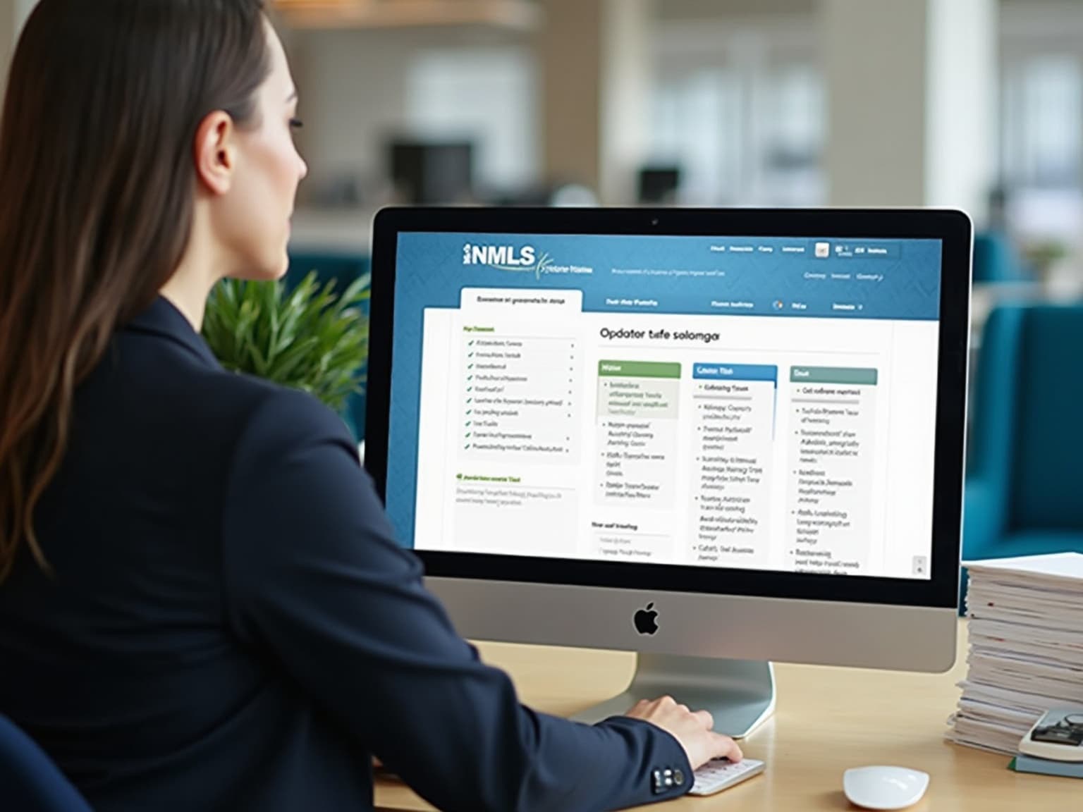 Woman at a desk viewing the NMLS Consumer Access website on a desktop monitor