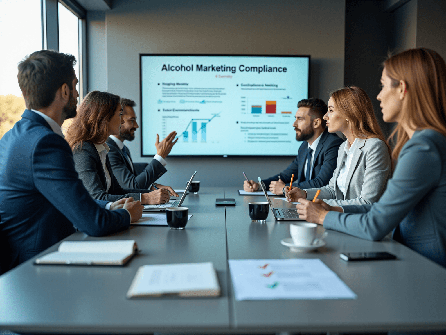 Team in a boardroom watching a wall screen titled Alcohol Marketing Compliance with a bar chart