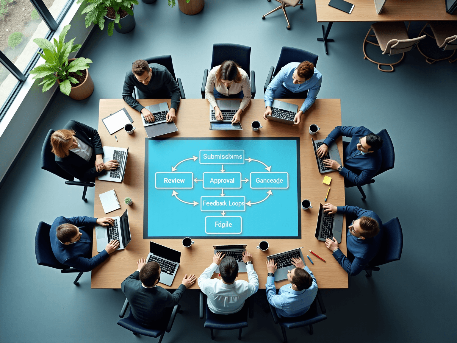 Team around a conference table with laptops, watching a screen of a submission, review and approval workflow