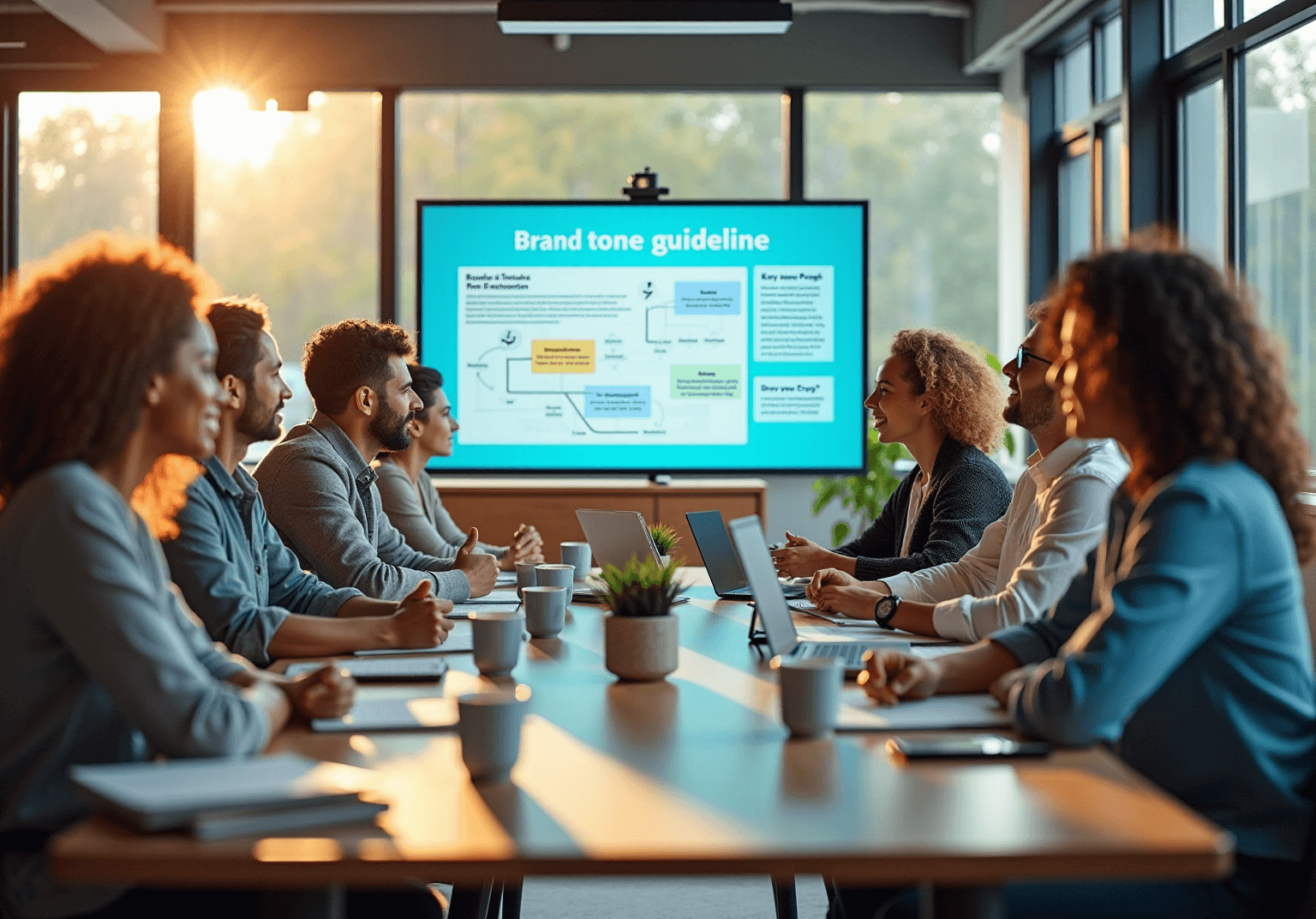 Team in a meeting room with a wall screen titled Brand tone guideline showing a flow diagram