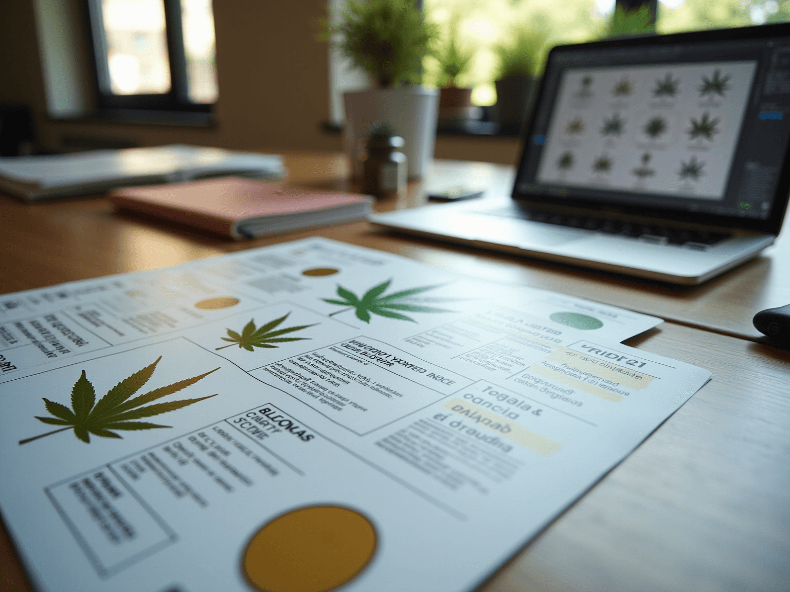 Printed cannabis label sheets with leaf icons and score boxes in front of a laptop showing leaf icons