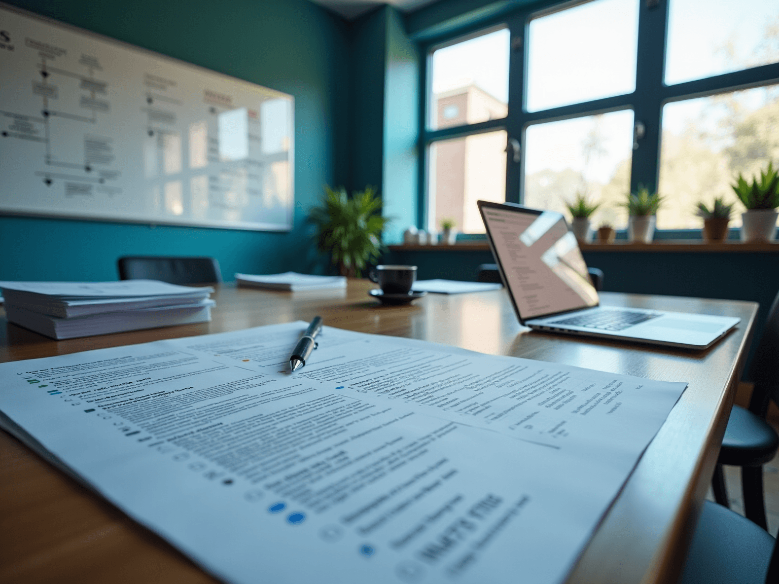 Desk with printed documents, a notebook and a pen beside a laptop and a whiteboard flowchart