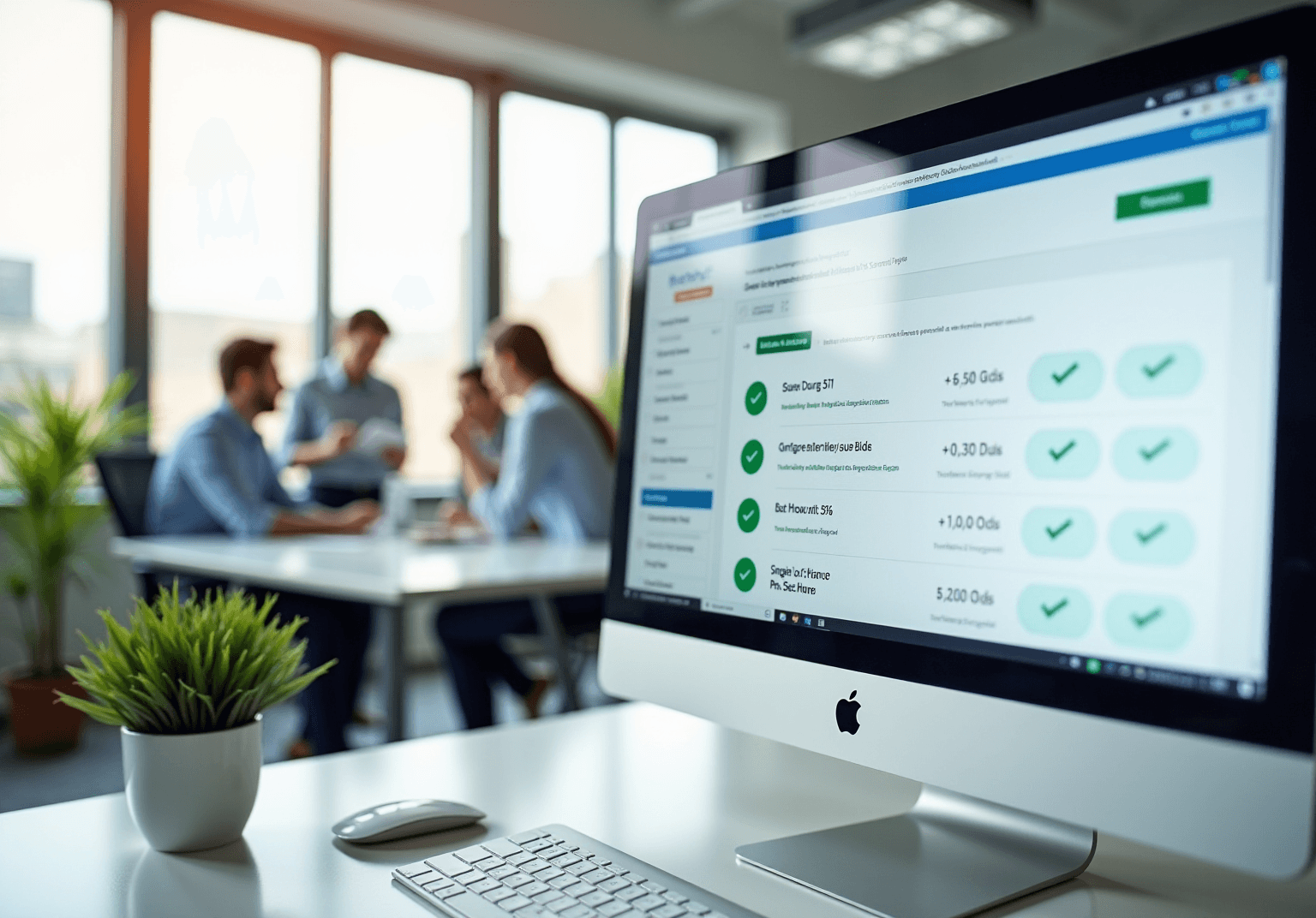 Desktop monitor showing a checklist with green check marks, with a blurred team meeting behind
