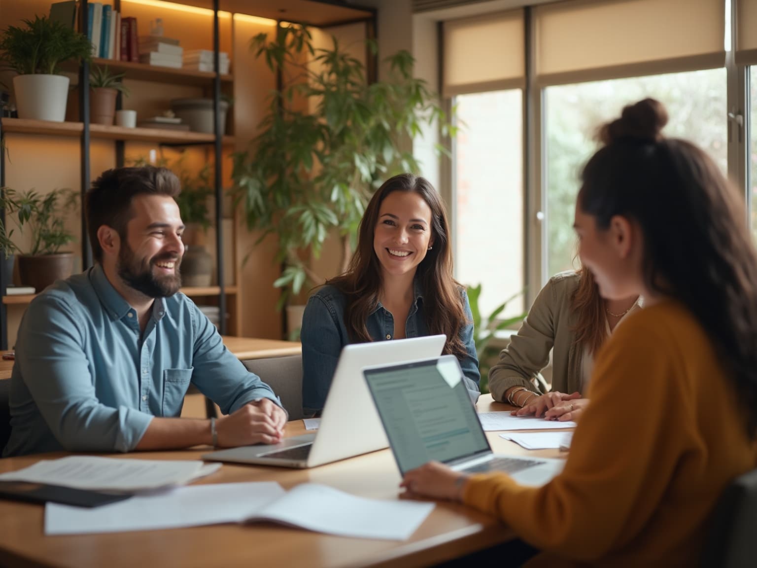 Smiling colleagues around a table with laptops and papers