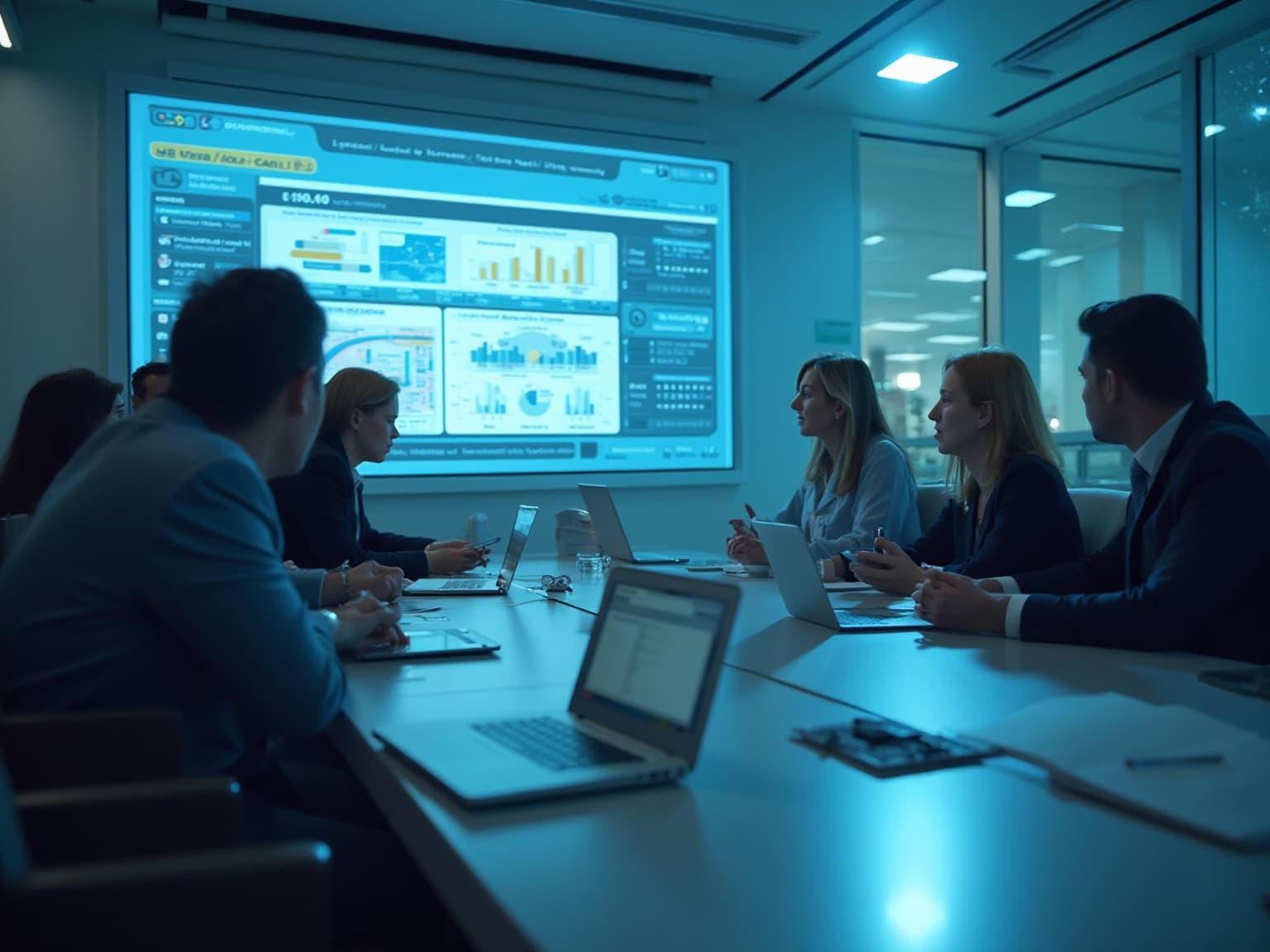 Team in a dim meeting room watching a wall screen of dashboards, with laptops on the table