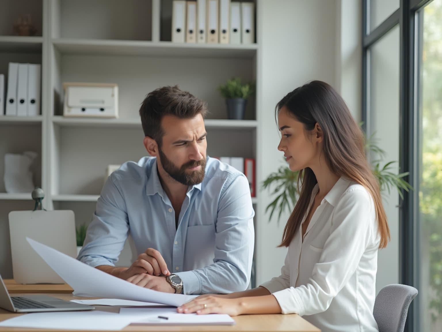Man frowning at a document while a woman beside him looks on, in a bright office