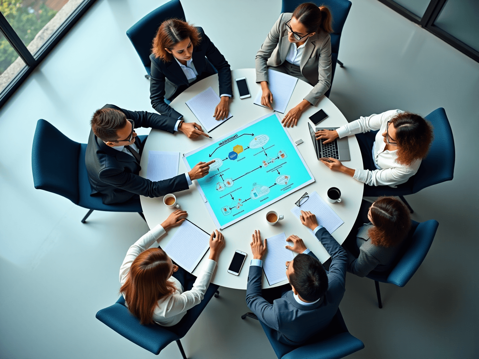 Overhead view of a round table where a team reviews a process flowchart on a poster